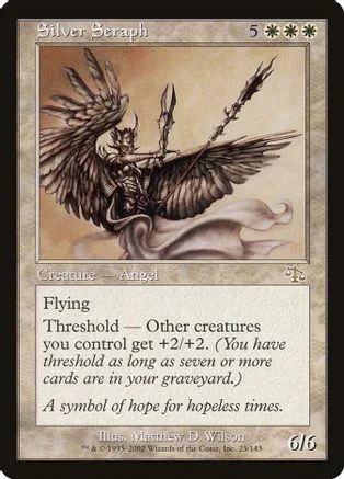 Dark angel creature card art, silver and black tones, printed on card.
