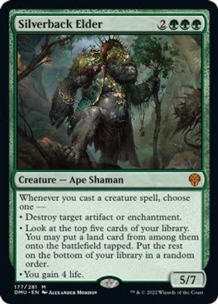 Large, dark ape shaman creature card with green forest background.