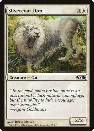 Silvercoat Lion creature card, gray lion roaring, M13 set, 2/2 stats.