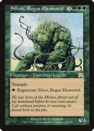 Green elemental creature card, "Silvos, Rogue Elemental," in standard Magic: The Gathering frame.