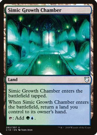 Blue and green magical chamber landscape on a Magic: The Gathering card.