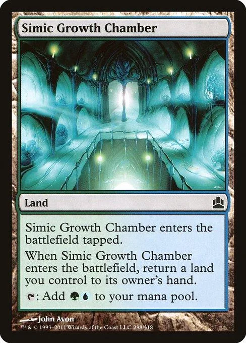 Green and blue magical forest scene on a Magic: The Gathering land card.
