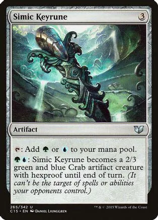 Black and teal mechanical creature on a Magic: The Gathering card.