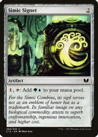 Black and green card art featuring a mechanical object and a figure in a dark, overgrown setting.