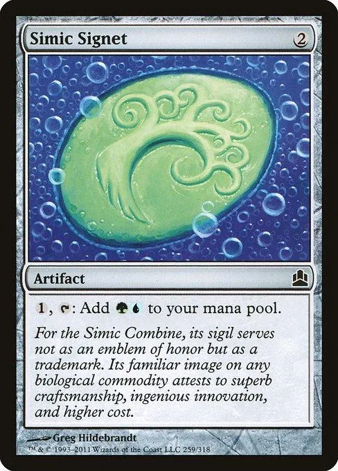 Green tree symbol on blue background, Simic Signet Magic: The Gathering card.