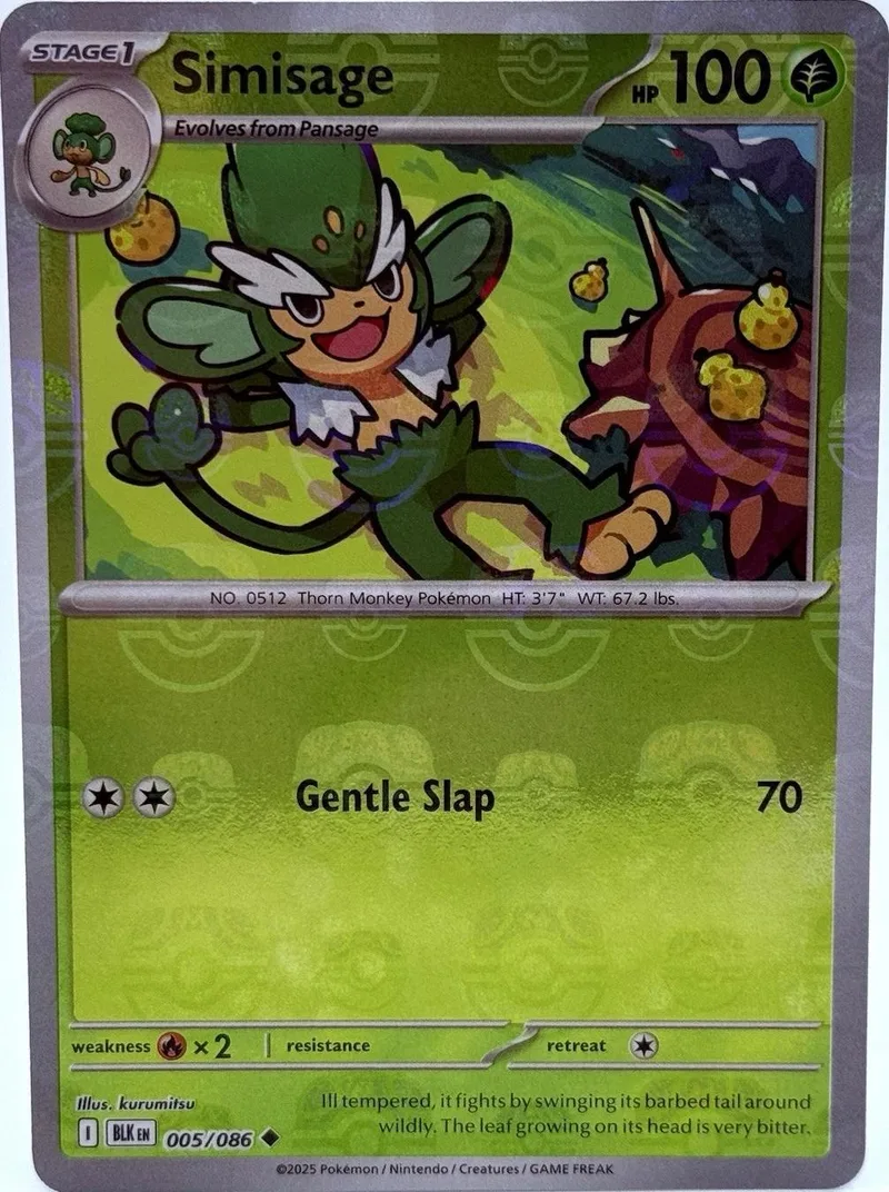 Green monkey Pokémon card, Simisage, with "Gentle Slap" attack listed.
