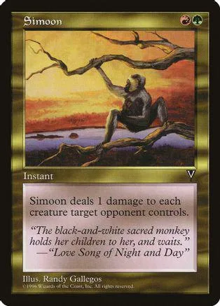 Monkey figure on a sunset landscape, black and gold card frame.