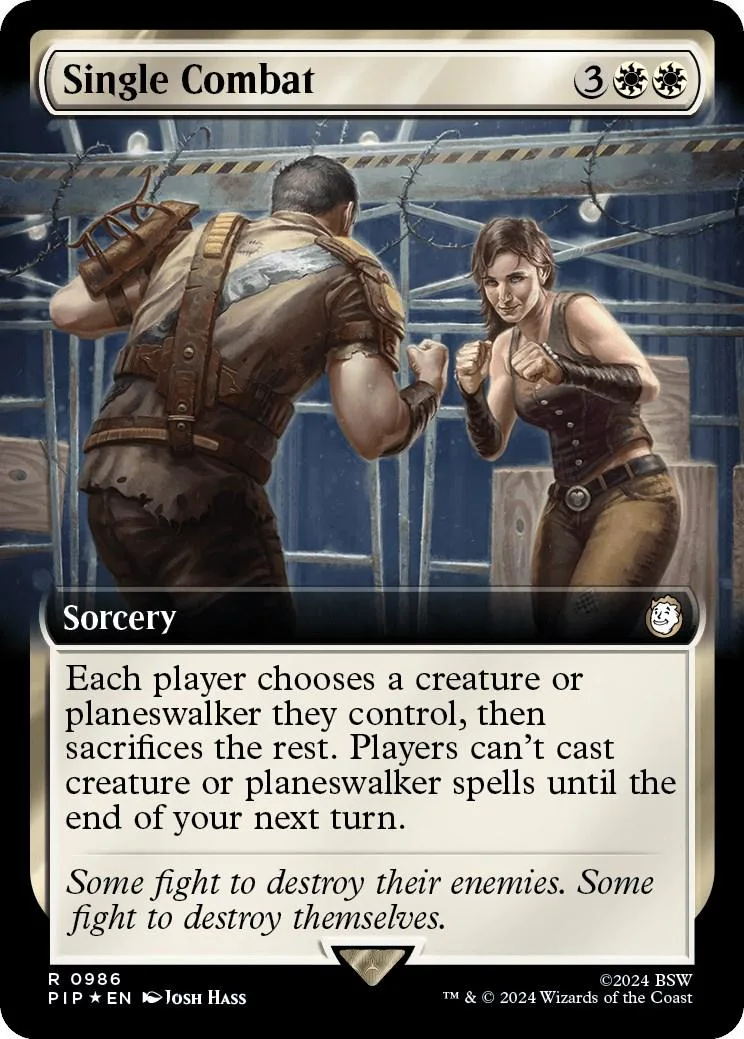 Card art: two figures fighting in a cage. Single Combat Sorcery spell.
