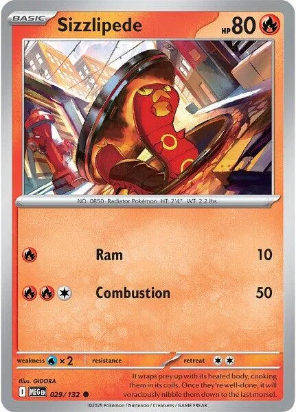 Red and brown Pokémon card, Sizzlipede, with HP 80.