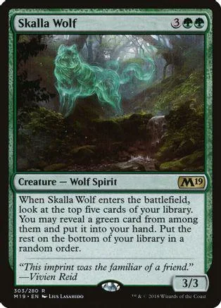 Green wolf spirit creature card art in a dark, mossy forest setting.