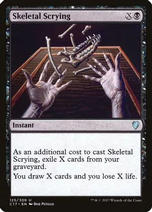Black and white card art showing skeletal hands and bones on a wooden surface.