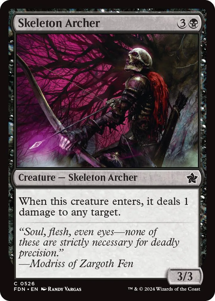 Skeleton Archer card art: skeletal figure with bow in dark, purple forest.
