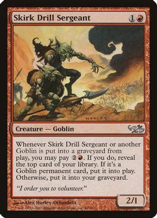 Green goblin warrior attacking, dark fantasy art, Magic: The Gathering card.