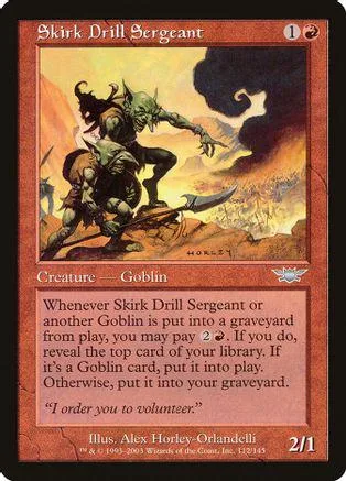 Goblin creature card art: green goblin leader with followers in dark landscape.