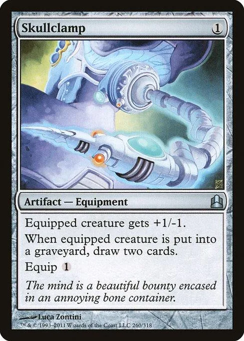 Blue and silver mechanical arm on a card featuring Skullclamp.