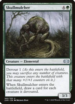 Green elemental creature, Skullmulcher, on a Magic: The Gathering card.