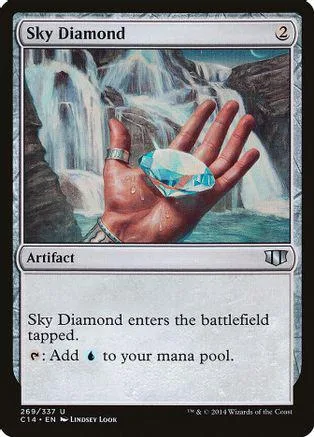 Blue and white Magic: The Gathering card, Sky Diamond, showing a hand holding a blue gem.