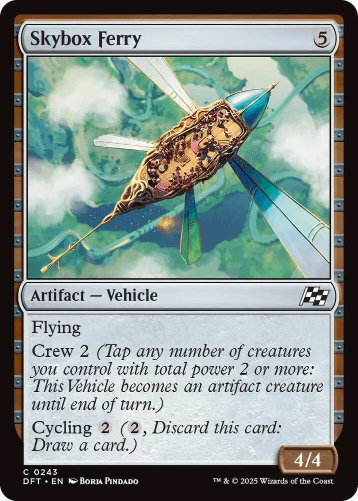 Flying, steampunk-style vehicle card art on a Magic: The Gathering card.