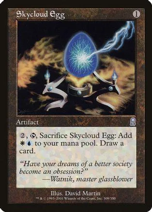 Blue glowing egg floats above a dark, fiery landscape on a trading card.