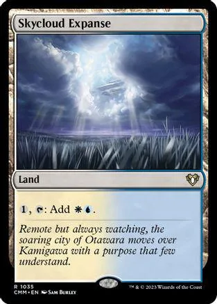 Blue and white landscape card art showing bright light through clouds over grass.