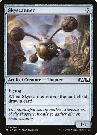 Bronze helicopter flying over rocky landscape on a Magic: The Gathering card.