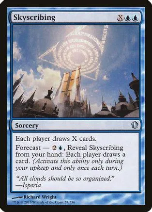 Blue and white Magic: The Gathering card, "Skyscribing," showing a celestial scene.