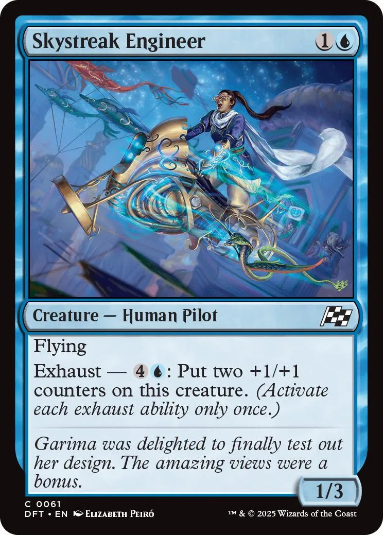 Blue and silver futuristic pilot on a flying machine, Magic: The Gathering card.