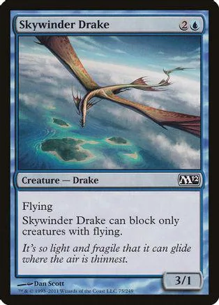 Dragon creature card, blue and brown artwork, Skywinder Drake, Magic: The Gathering.