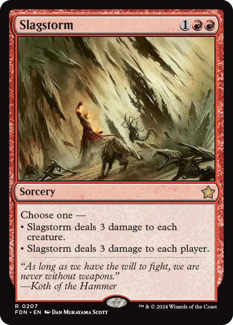 Magic: The Gathering card, Slagstorm, dark fantasy art, red border.