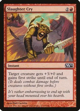 Green monster with sharp teeth wielding a blade against a red figure.