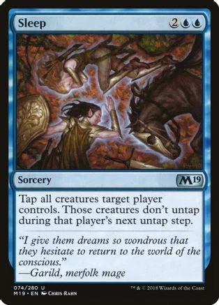 Blue and brown fantasy art card titled "Sleep" with text box.