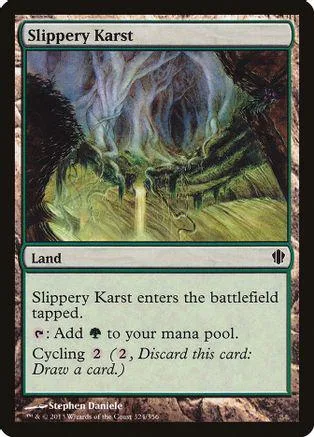 Magic: The Gathering land card, Slippery Karst, green landscape art.