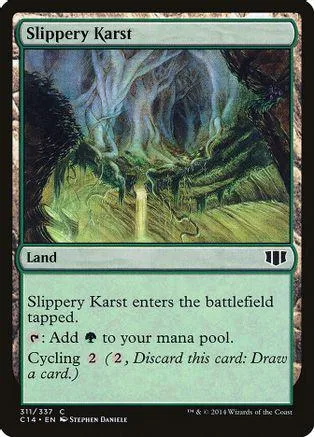 Green and blue landscape art on a Magic: The Gathering land card.