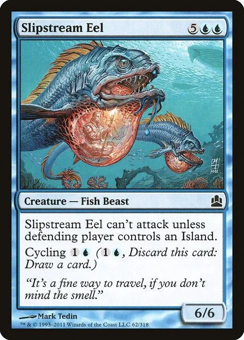 Blue and grey eel creature card art, showing a large eel with an open mouth.