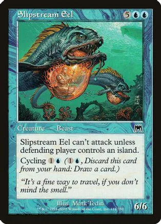 Blue and green eel creature card with orange belly, showing in a graded case.