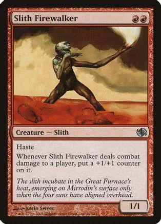 Creature card featuring a dark, skeletal figure against a fiery, orange background.