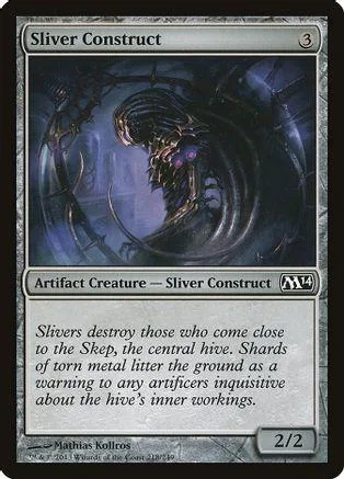 Black and purple creature art on a Magic: The Gathering card, Sliver Construct.
