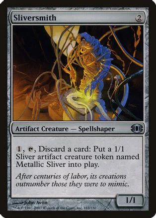 Blue and gold mechanical creature on dark background, Magic: The Gathering card.