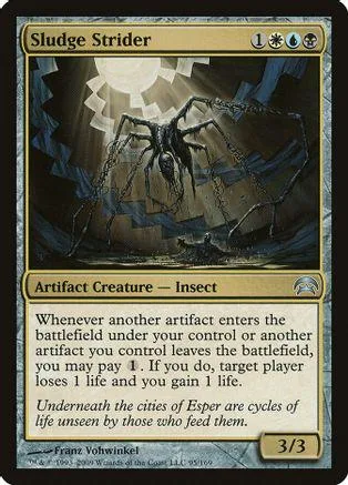 Black and silver spider creature card art. Sludge Strider, Artifact Creature.