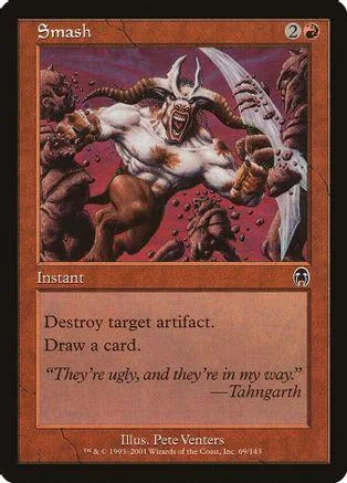 Creature card art: horned, white monster roaring amidst dark figures.