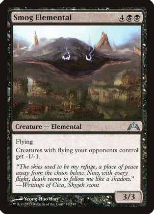 Dark elemental creature card art showing smoky landscape and distant structures.