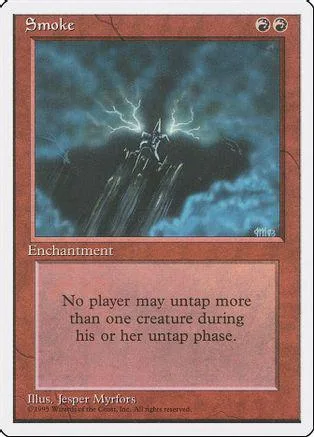 Magic: The Gathering "Smoke" card, dark blue sky, lightning, white creature.