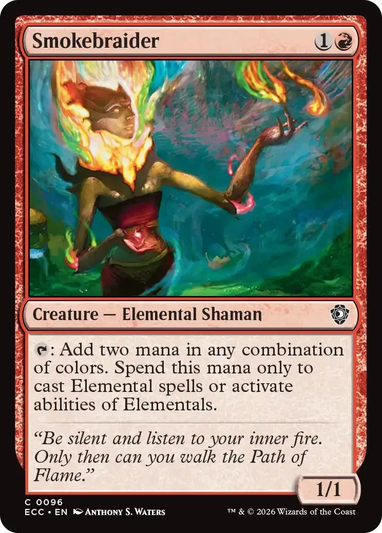 Elemental shaman card art: woman with fiery hair in a vibrant, colorful scene.