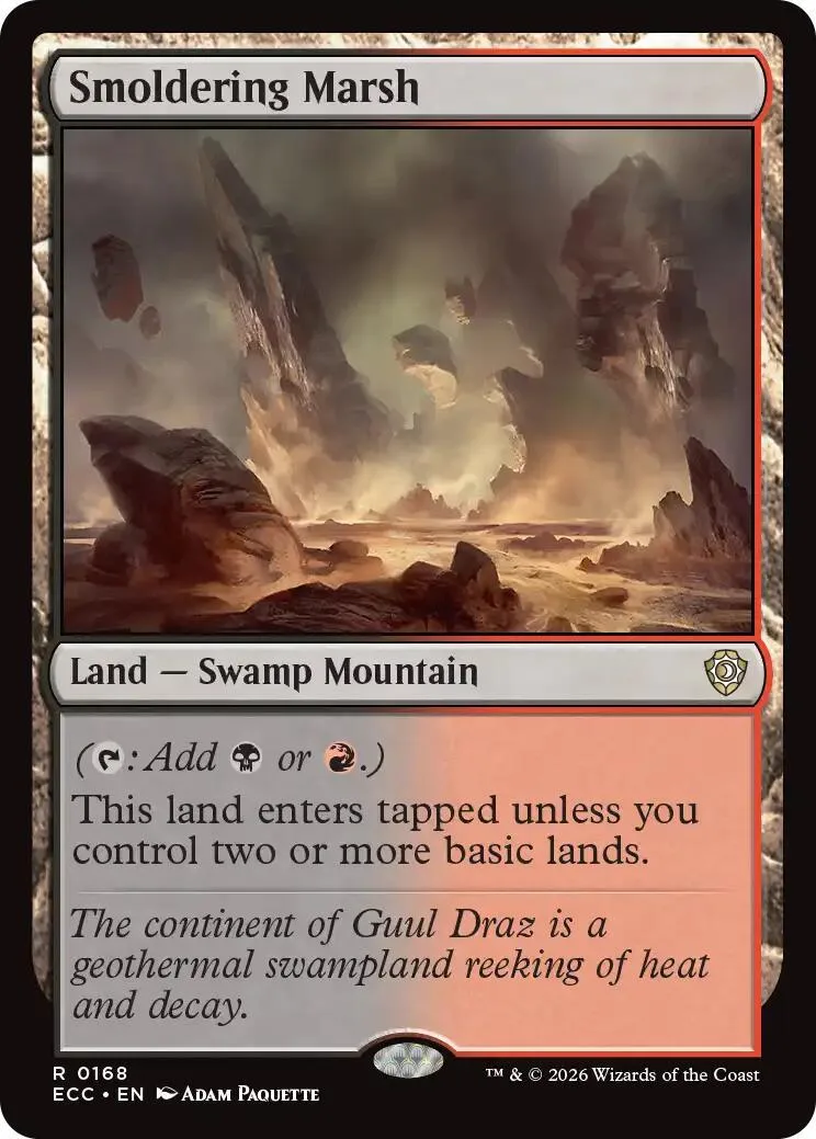 Swamp Mountain land card art shows rocky, misty swamp landscape.
