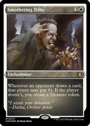 Man screaming, holding gold coins, on a dark, dramatic fantasy card.