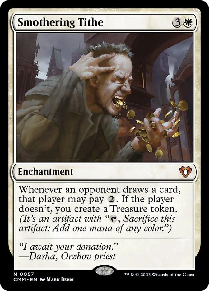 Man screaming, throwing gold coins. Dark, dramatic fantasy art on a Magic card.