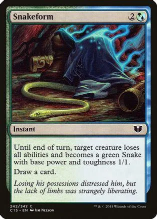Dark blue and green card art of a snake coiled near a shadowy figure.
