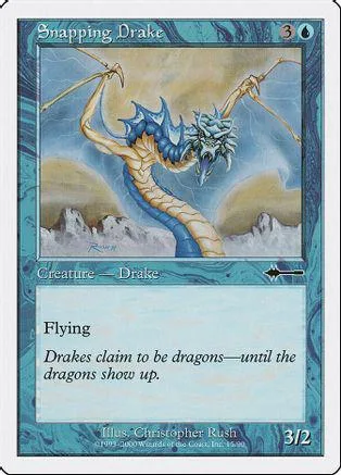 Blue and gold dragon creature card, "Snapping Drake," with 3/2 stats.