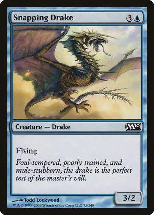Dragon creature card art, dark green and brown dragon flying over yellow landscape.