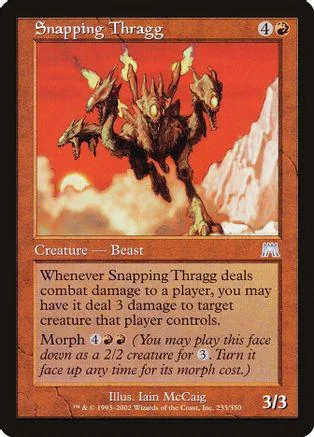 Creature card featuring a monstrous, fiery beast against a red and white background.